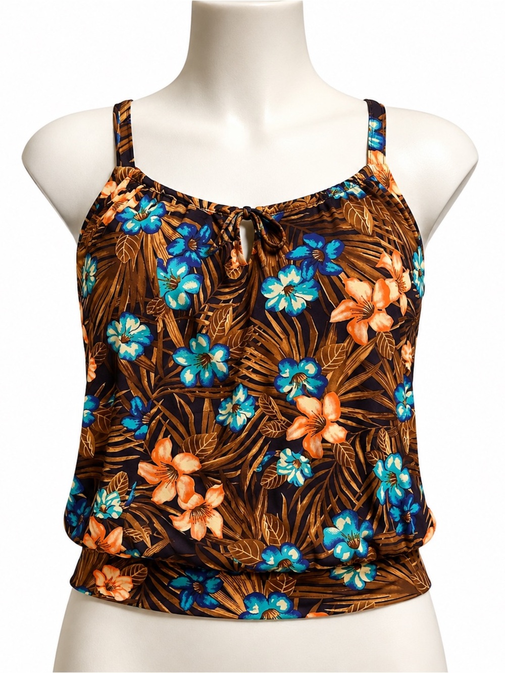 Lands’ End Size 10D Tropical Floral Tankini Top Swim Brown Blue Orange D Cup